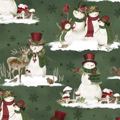Woodland Snowmen - Scenic Snowmen - Green - snowmen w/forest animals on green