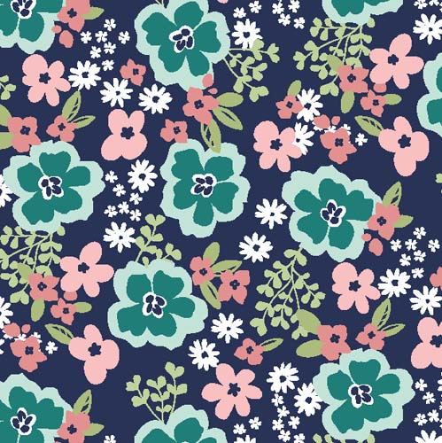 Juliette - Large Floral - Navy/Teal -  teal flowers w/coral & green on navy