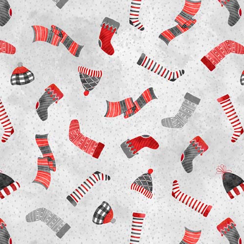 Snowy Tidings - Cozy Toss -Gray - socks, hats and scarves on light gray
