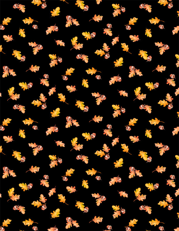 Autumn Day - Leaves and Acorn  - Black - small oak leaves and acorns on black