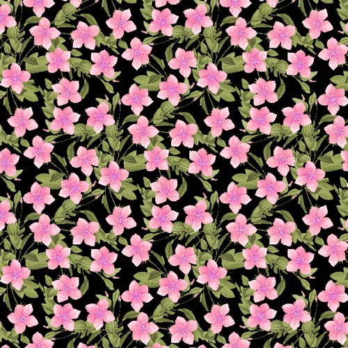 In Bloom - Small Floral - Pink - small pink flowers & green leaves on black