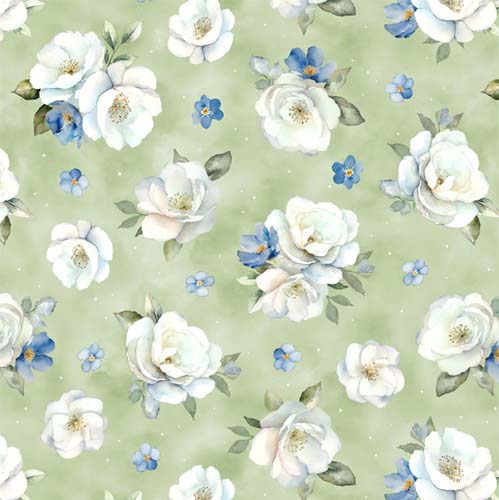 Blue Harmony - Floral - Green - tossed white flowers on green