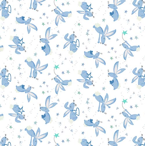 Safari Lullaby - Bunny Toss -White - tossed blue bunnies on white