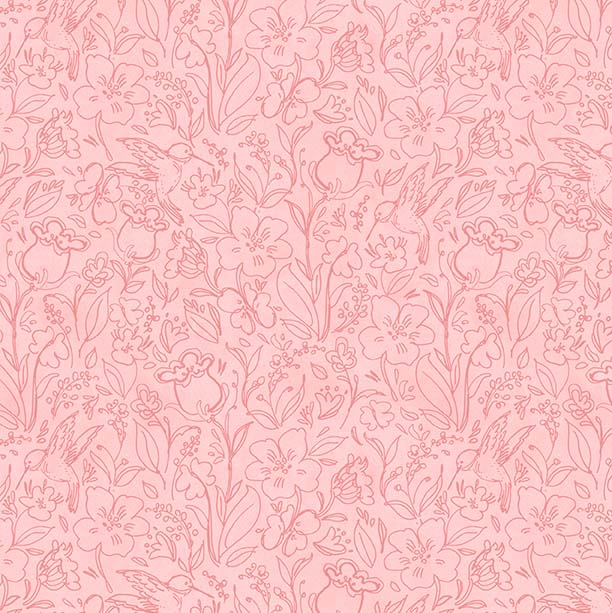Hummingbird Floral - Toile - Pink - tone on tone pink outline flowers & birds