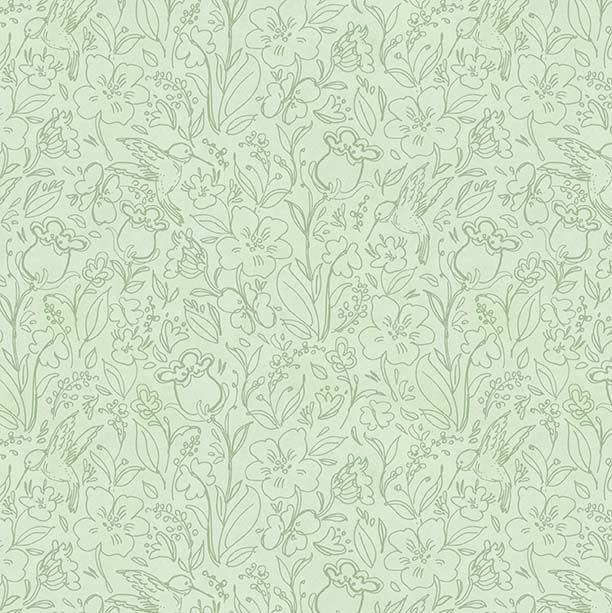 Hummingbird Florals - Toile  - Green- tone on tone green outline flowers & birds
