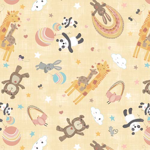Rainbow Dreams - Tossed Animals - Yellow tossed giraffe, panda, etc on yellow