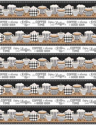 Coffee Life - Repeating Stripe- Multi - border stripe of coffee mugs & sayings