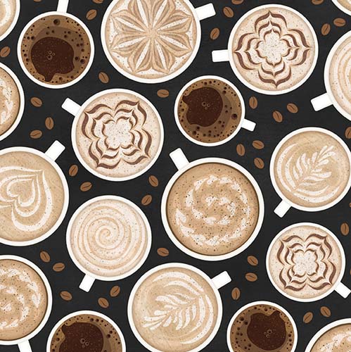 Coffee Life - Coffee Art - Black - top down view of art coffees on black