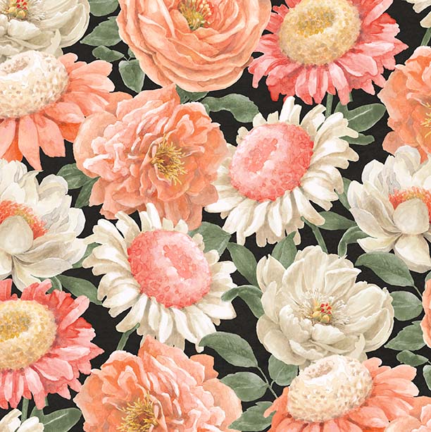 Peach Whispers - Packed Flowers - Multi - large packed floral on black