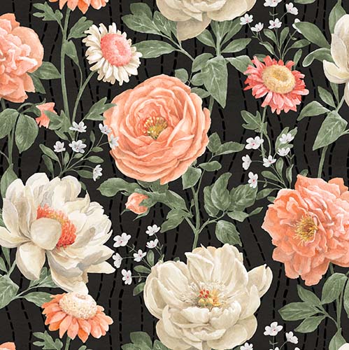 Peach Whispers - Large Flowers - Black - large peach floral on black