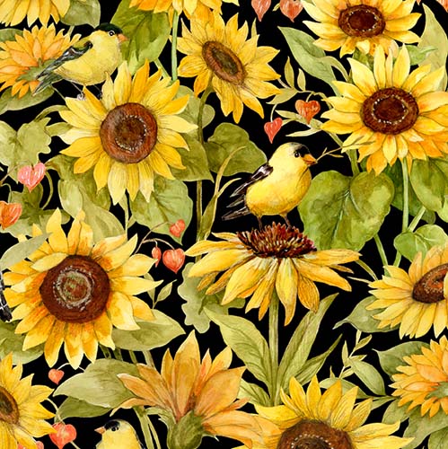 Sunflower Splendor  - Sunflowers & Birds - Black - flowers & birds on black