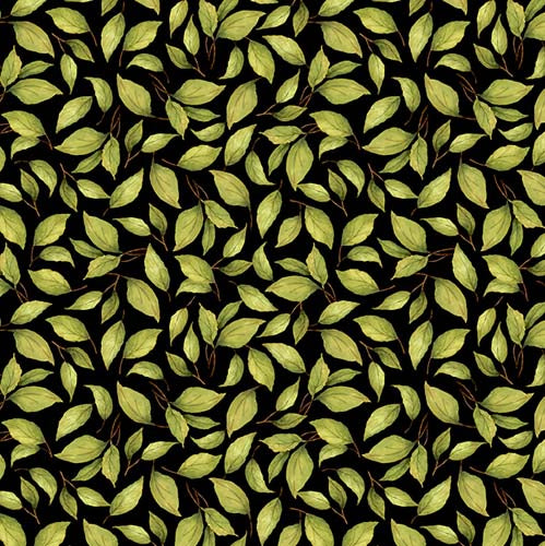 Sunflower Splendor  -Leaf Toss - Black - green leaves on black