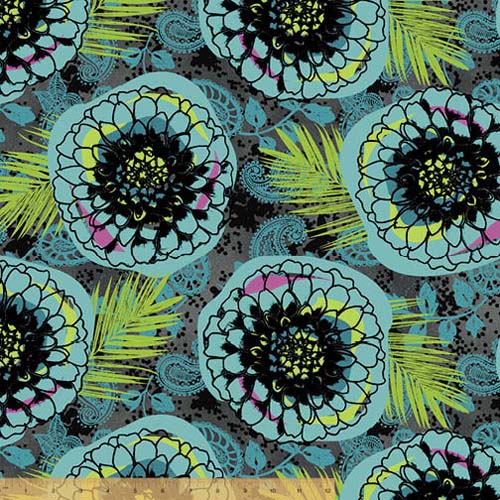 108" Wide Fabric - Our House - Charcoal - large teal flowers on gray