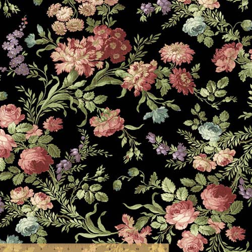 108" Wide Back - Classic Floral - Black - large rose floral on black