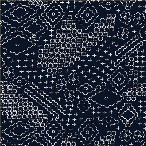 108" Wide Back - Sashiko Sampler -  Indigo - cream stitching on dark blue