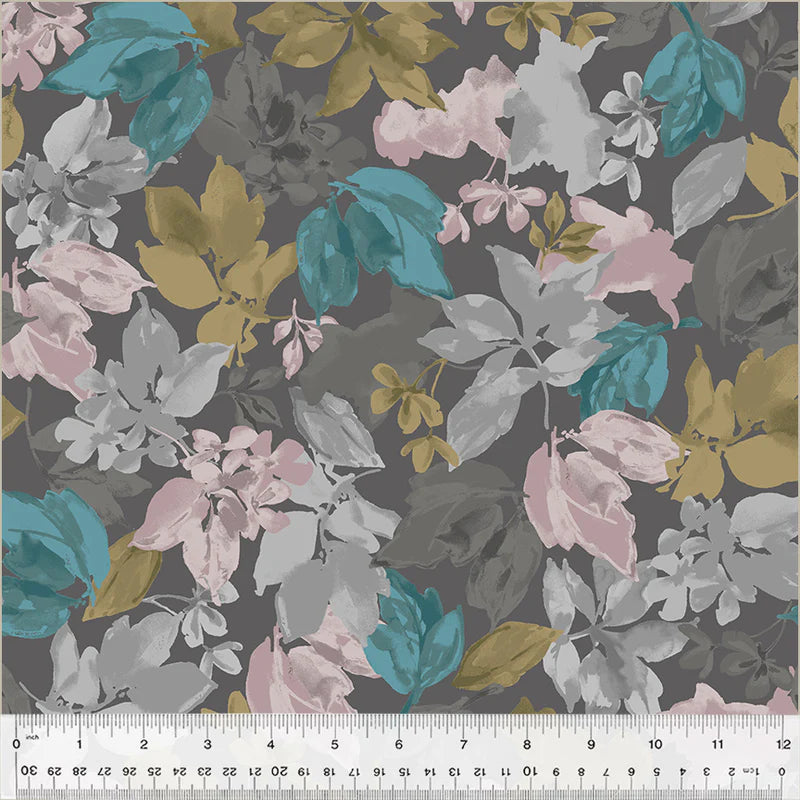 Blake - Lush Foliage - Charcoal - lt gray, mauve and blue floral on gray