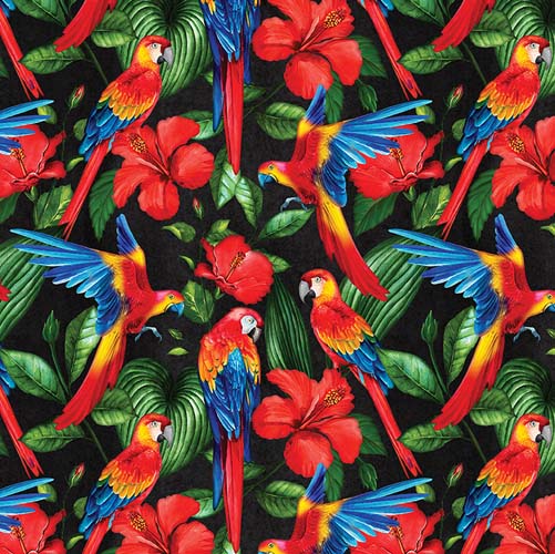 Tropical Paradise - Macaws - Black - bright red macaws & flowers