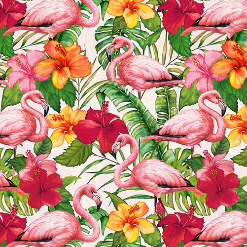 Tropical Paradise - Flamingos- Ivory - Pink flamingos & flowers on cream