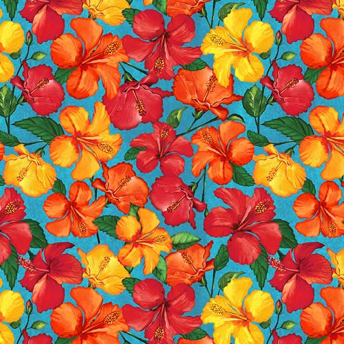 Tropical Paradise - Hibiscus -Cyan - red, orange & yellow flowers on blue