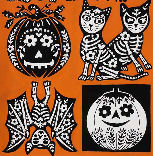 Haunted House - Calavera Cat -  Orange - black and white cats on orange