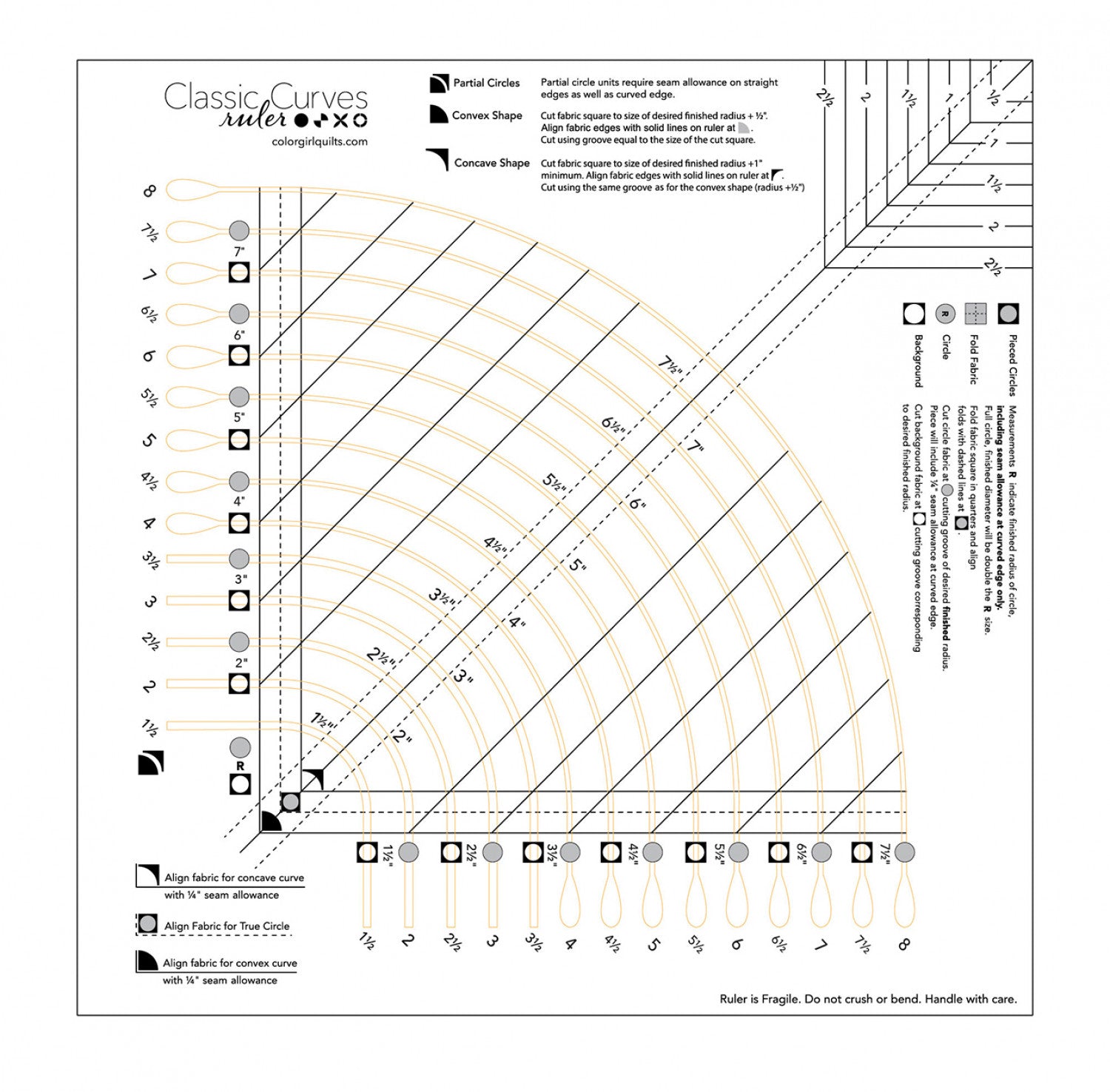 Classic Curves Ruler - Curved Piecing Without Templates-Ten Sizes-Pattern In