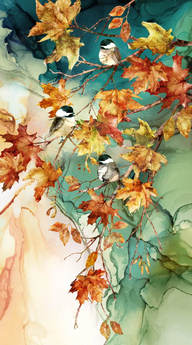 Autumn Breeze - PANEL approx. 24 inches - Oak leaves & chickadees