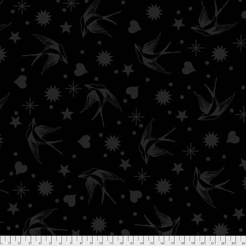 Linework - Fairy flakes - Inkbirds, hearts, stars & suns on black by Tula Pink