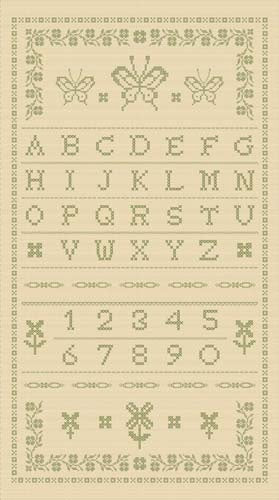 Kathleen's Story - 2/3yd. PANEL- Crosstitch - green cross stitch on tan