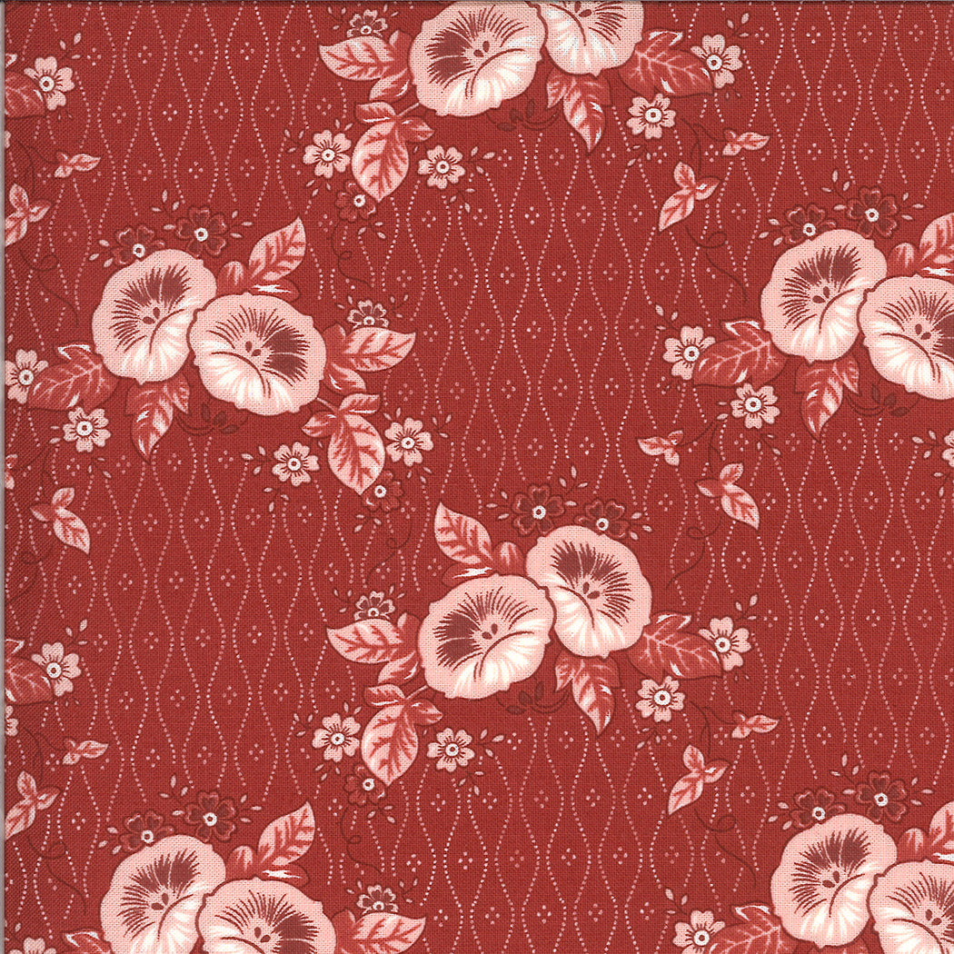 Roselyn - Morning Glory - Warm Red - pink flowers on wallpaper patterned red