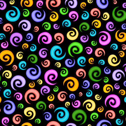 Festival Wide Minky - Scroll,brightly colored scrolls on black