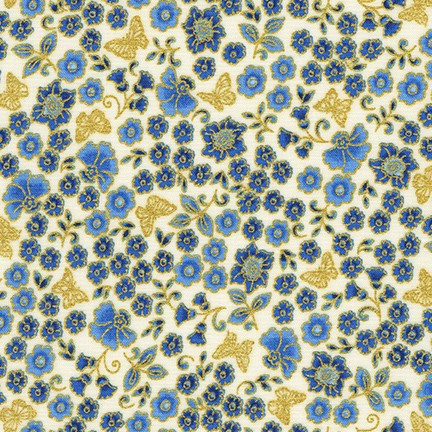 Bella Mariposa - Blooms andbutterflies - Ivory - small blue flowers with gold