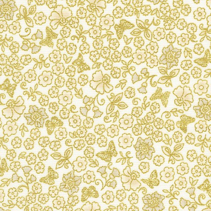 Bella Mariposa - Blooms andbutterflies - Linen - small gold flowers and butte