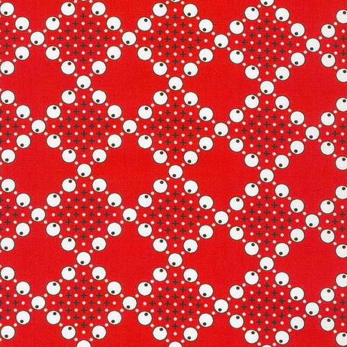 Flowerhouse: Sunnyside Farm -Red - Diamonds of cream circles on red - 1930s