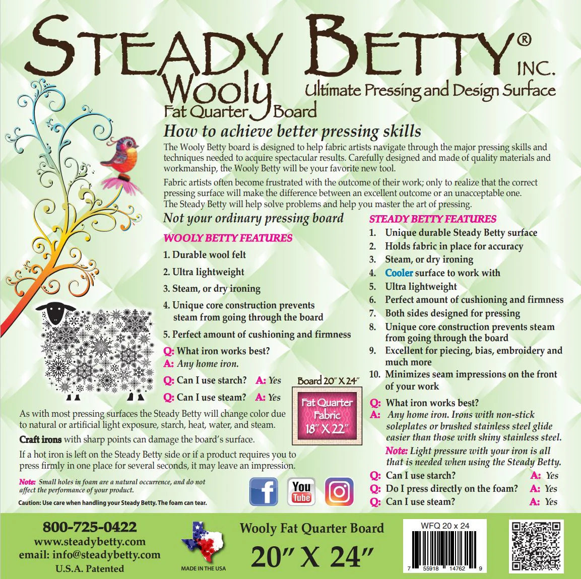 Wooly Fat Quarter Pressing Board 20 x 24 by Steady Betty Inc.